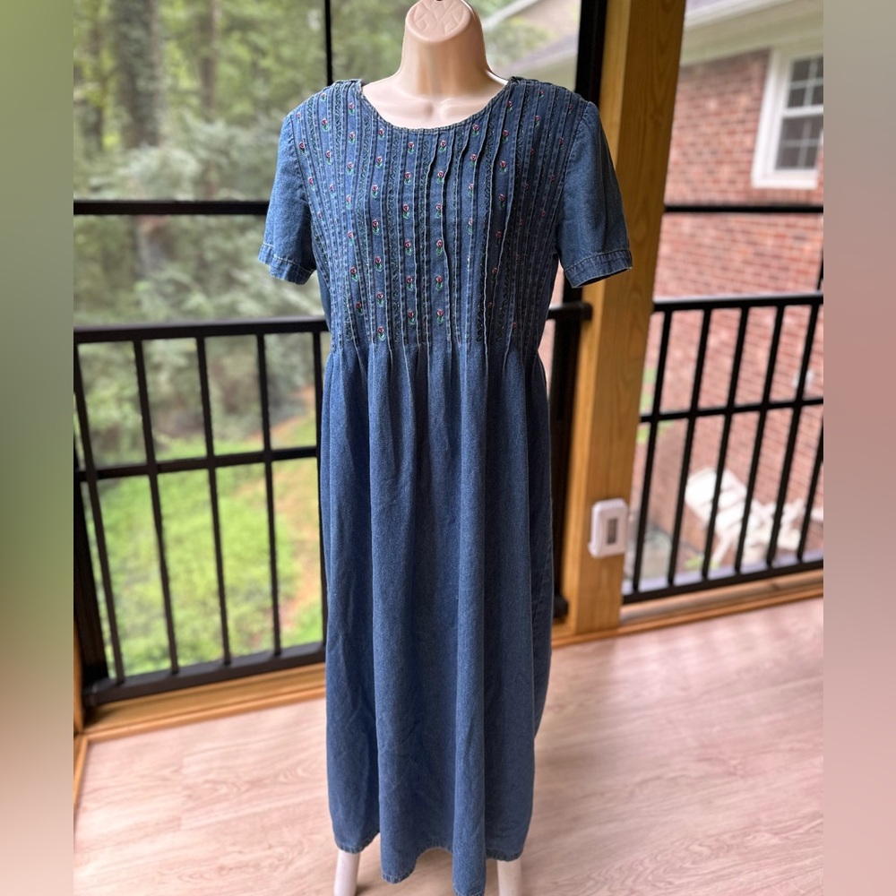 Vintage Rustic Denim Cottage Prairie Embroidered Floral Modest MidiDress ~ S/M? - Picture 6 of 16